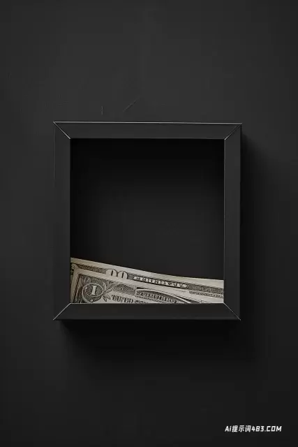 超现实主义的静物，黑色方形框架中的美元钞票