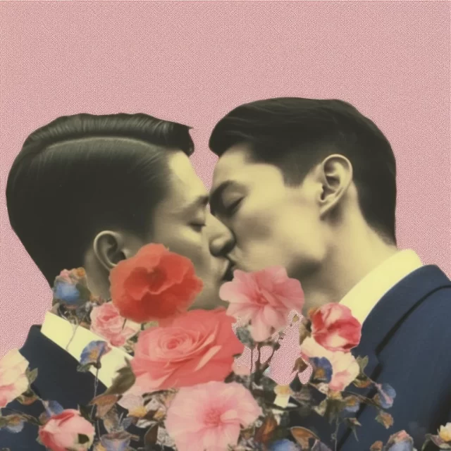 一个男人亲吻一个脸上带着花的男人