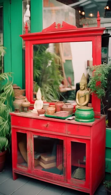 佛教风格的镜子和盆栽