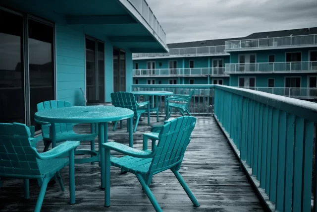 带阳台和桌子的蓝色酒店