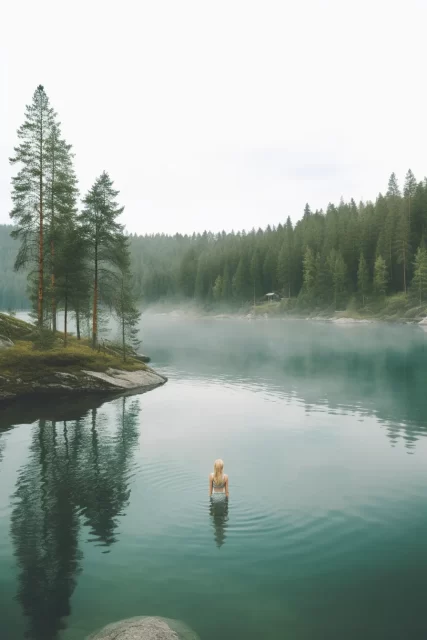 一个在湖中游泳的女孩生动自然场景