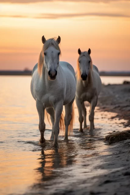 日落时的两匹白马