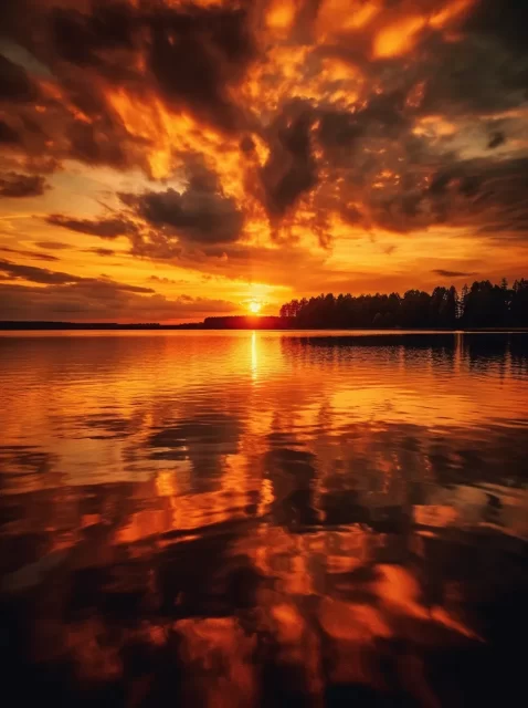 Tyko Sallinen风格的水上橙色日落