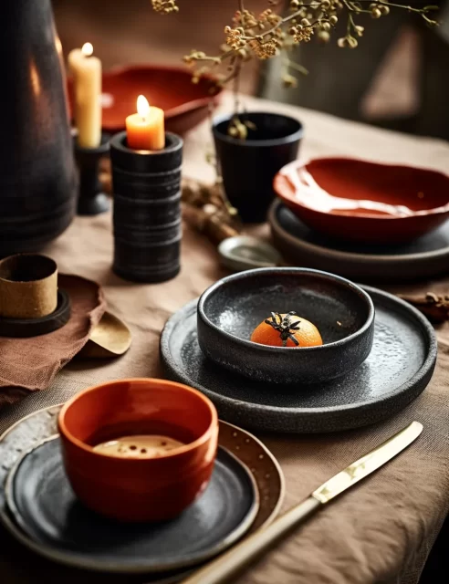 Rusticore桌子设置与红色和棕色的盘子和蜡烛