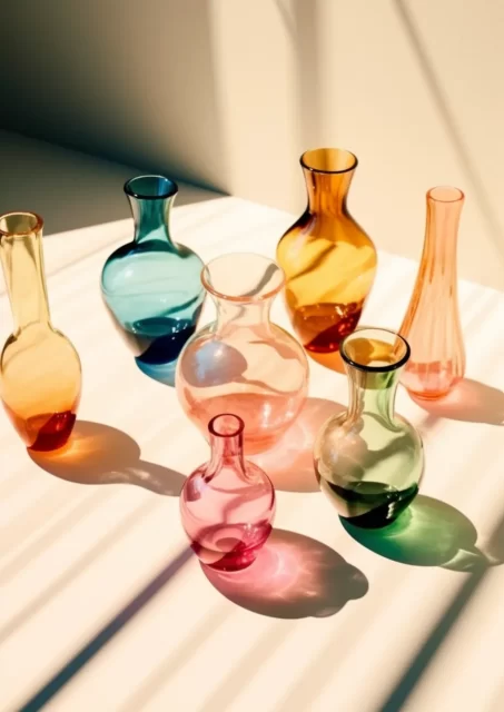 发光阴影中的彩色玻璃花瓶: 复古风格的盛会