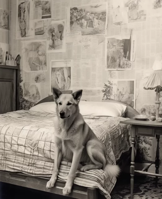 狗坐在床上的黑白照片