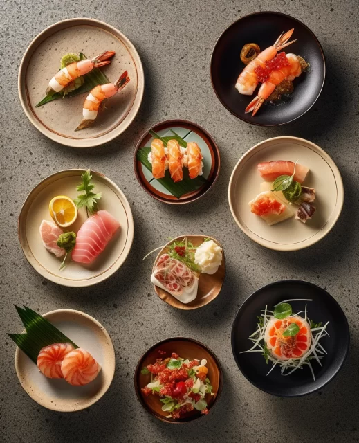 六盘日本风格的新鲜海鲜和虾
