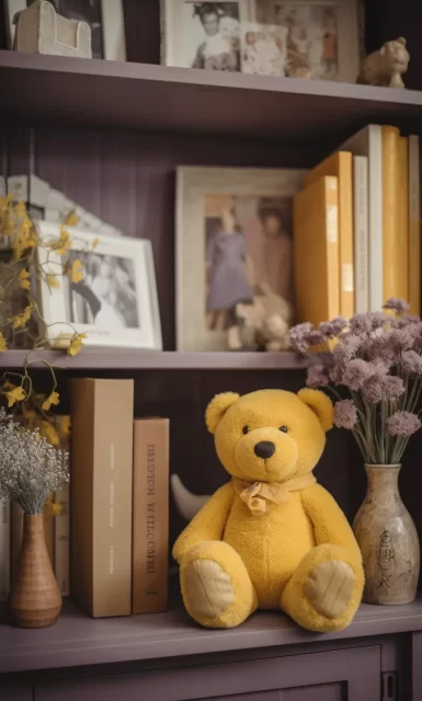 黄色花瓶和木制书柜与书籍和泰迪熊
