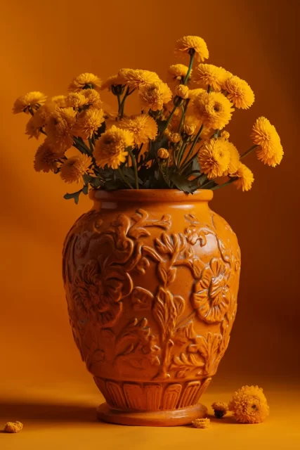 豪华的橙色花瓶，黄色背景上的黄色花朵