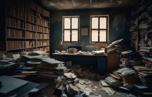 不祥的办公室: 一个装满文件和书籍的烂房间