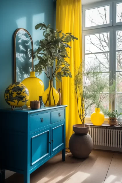 蓝色和黄色复古的房间与植物和装饰品