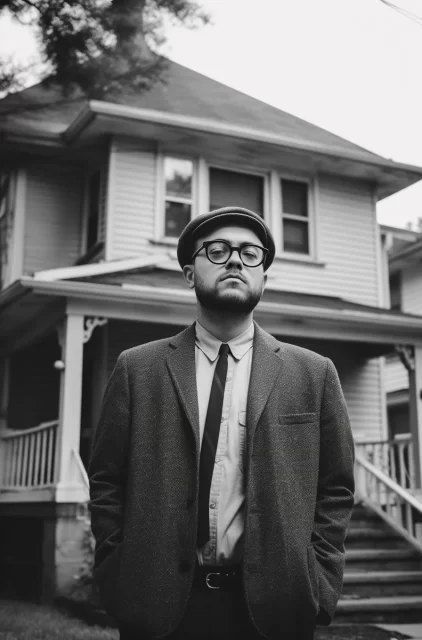一个戴着眼镜的男人站在房子前面的黑白照片