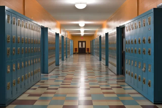 走廊与西北学校风格的蓝色储物柜