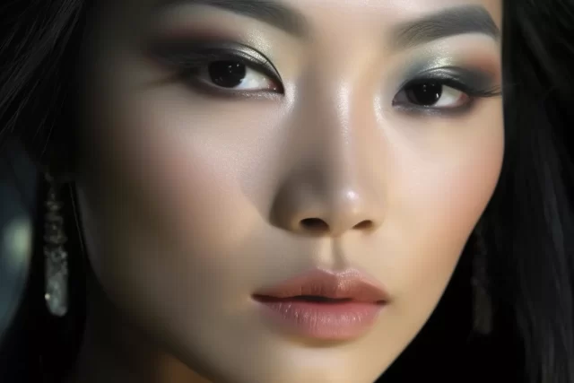 亚洲女人长黑头发和银色眼影