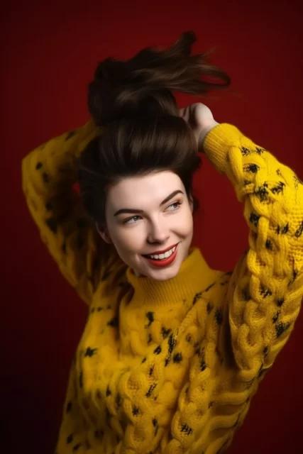 快乐的女人在黄色复古针织毛衣