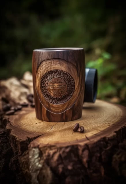 木片咖啡杯，采用Sigma 105毫米f/1.4 DG HSM Art，Forestpunk和Cabincore的风格