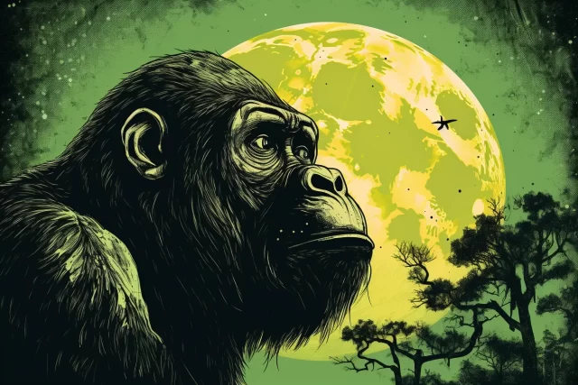 绿色大猩猩看月亮的复古图画