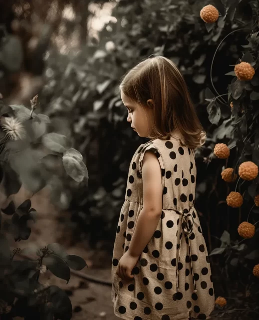 一个可爱的小女孩站在波尔卡圆点疯狂风格的花朵旁边