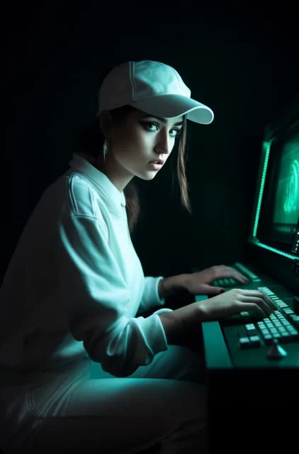 年轻女子在一个旧的电脑控制台