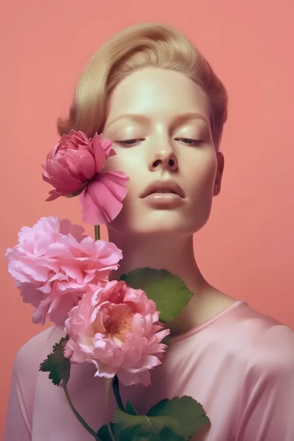 一个有粉红色花朵的女人-现实形式风格的UHD图像