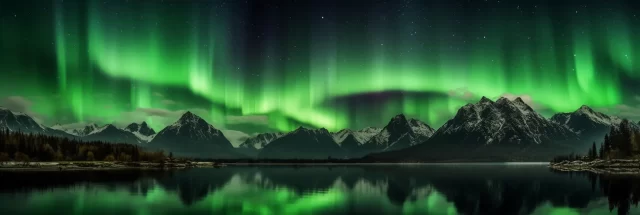 绿色北极光在水和山脉上点亮