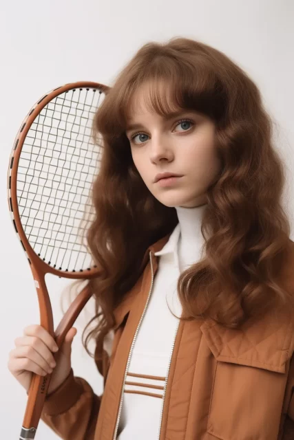 穿着复古运动服的女孩拿着网球拍
