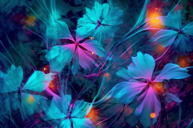 霓虹灯幻觉: 紫色和蓝色花朵的超高清照片集以及错综复杂的网