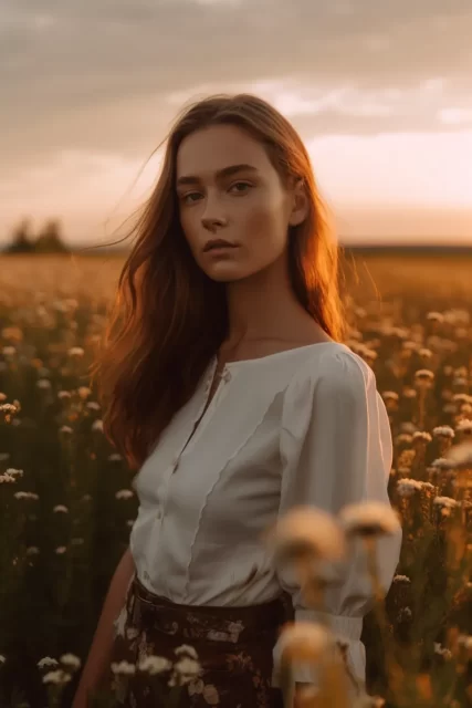 年轻女子在一片野花在日落