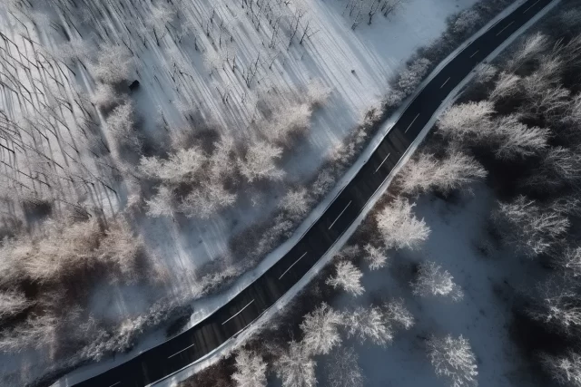 在冰冻的乡村道路上弯曲的黑色道路的鸟瞰图