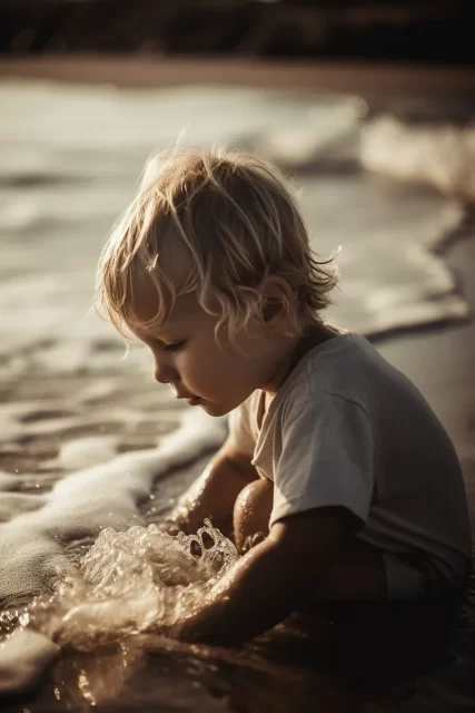 金发小男孩在海边玩波浪