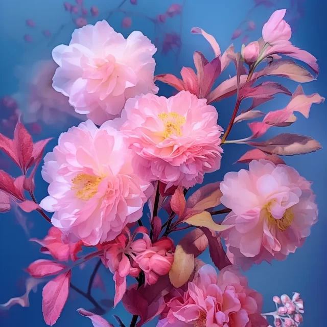 逼真的幻想: 蓝色背景上的粉红色花朵