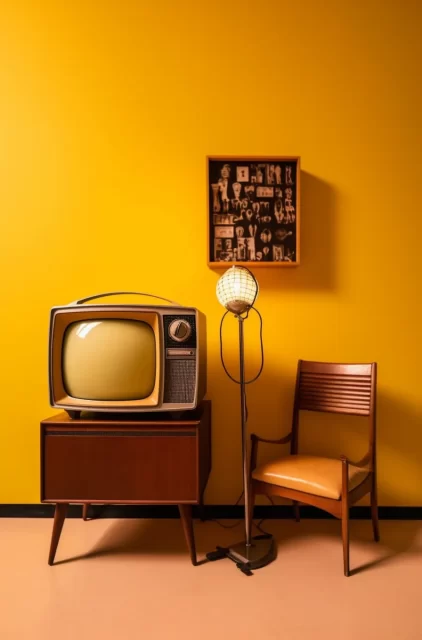 Kurt Hutton Wimmelbilder风格的黄色墙壁附近的棕色和黄色电视