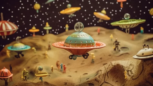 外星人和太空飞船在怀旧的插图风格