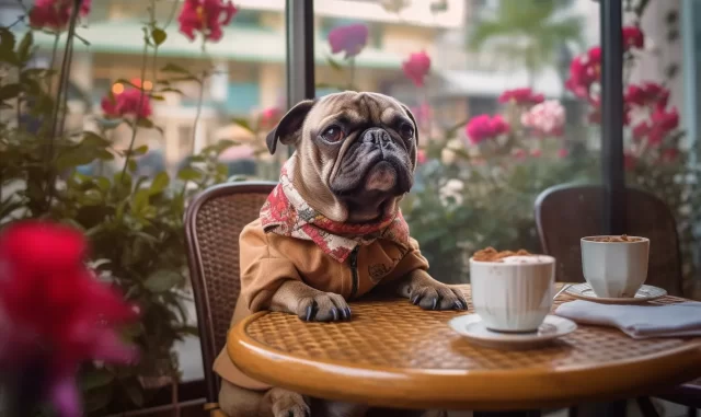 可爱的法国斗牛犬在繁忙的户外咖啡馆