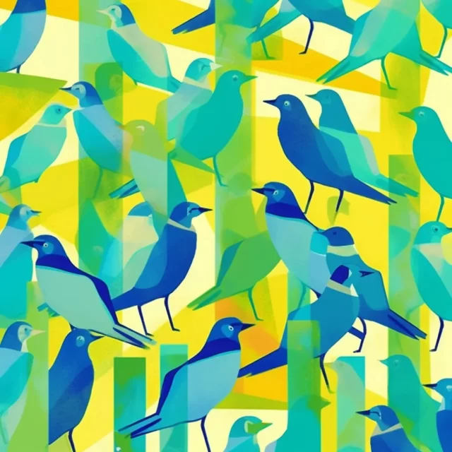 淡黄色和蔚蓝背景下的卡通鸟类