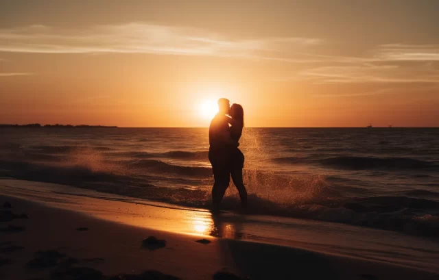 一对夫妇在海滩上日出时接吻的浪漫场景