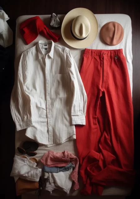 日本极简主义和Sleepycore时尚: 白衬衫，红色绑腿，帽子和凉鞋
