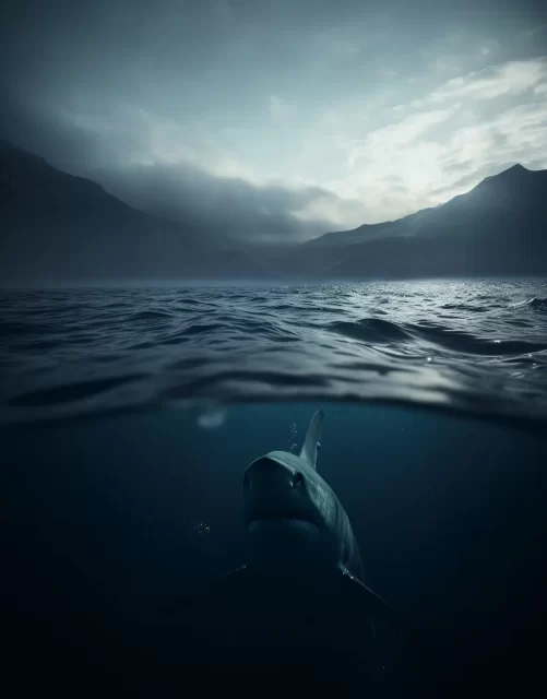 在雄伟的挪威山脉与白鲨一起游泳