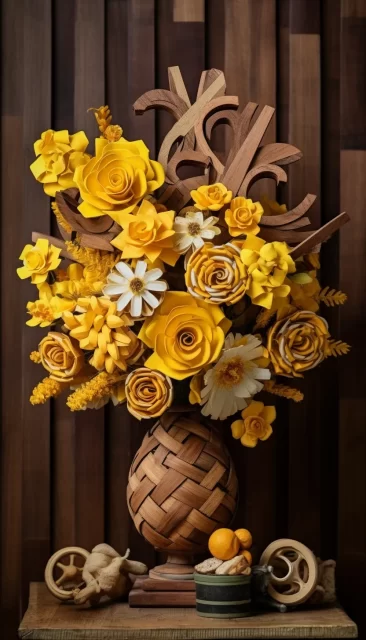 黄色和青铜色风格的木制桌子上的木制插花