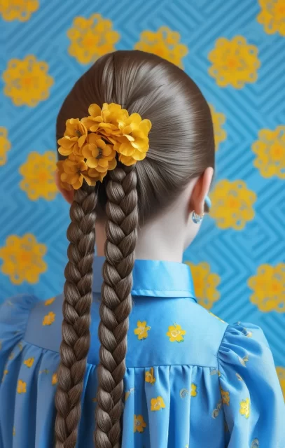 戴辫子的小女孩的发型与花