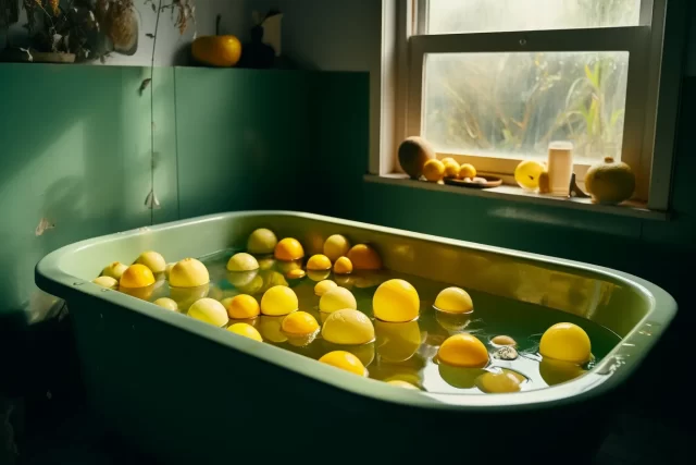 Margot Van Vuuren对带柠檬和白板的浴缸进行航空摄影