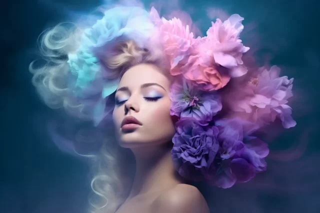 美丽的女人在紫色的烟雾与鲜花在她的头发