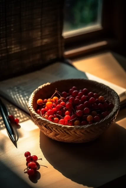 柳条桌上有红色浆果的碗的俯视图