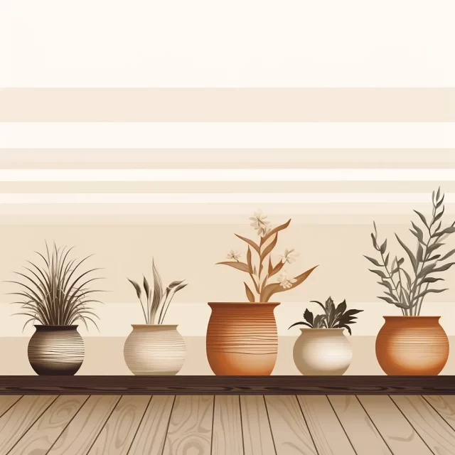 木桌上的几个盆栽植物-干净和流线型矢量图形