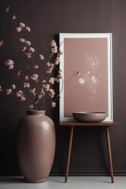 一个简约的花瓶和相框安装与精致的花朵