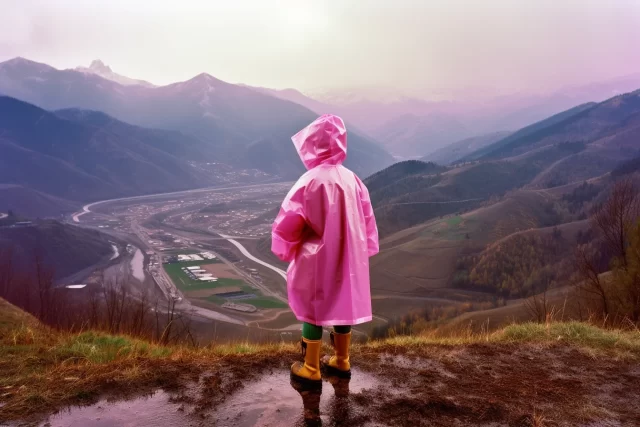 穿着粉红色雨衣的年轻女孩站在雨中
