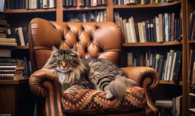在舒适的图书馆雄伟的缅因州库恩猫