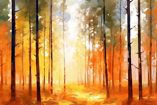 美丽的秋天森林，阳光照耀着松树