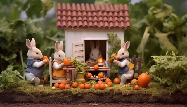 迷人的小屋花园: 一家人的兔子在吃新鲜的胡萝卜