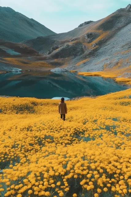 一个人站在充满鲜花的湖上的高分辨率照片